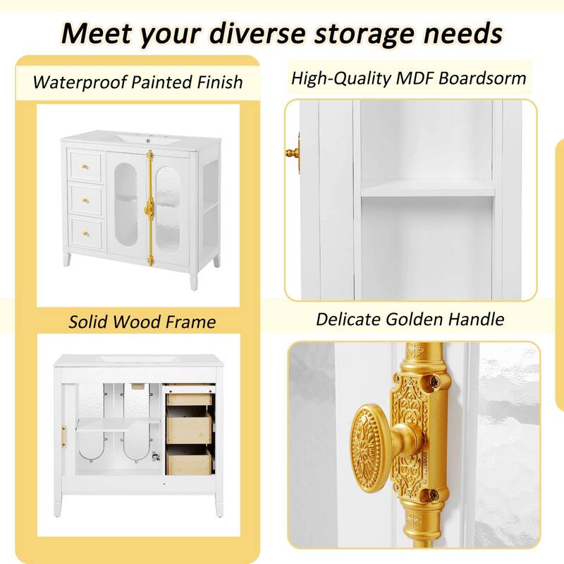 36-inch Bathroom Vanity with 2 Soft Close Doors,Wood Frame,3 Drawers for Ample Storage and Modern Elegance