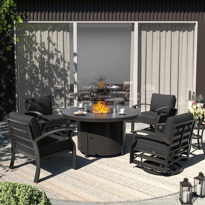 Patio Aluminum Sofa with Armrests, Outdoor Conversation Set with Round Fire Pit Table 5inch Thick Seat Cushions - 4Seats w/Swivel - Black