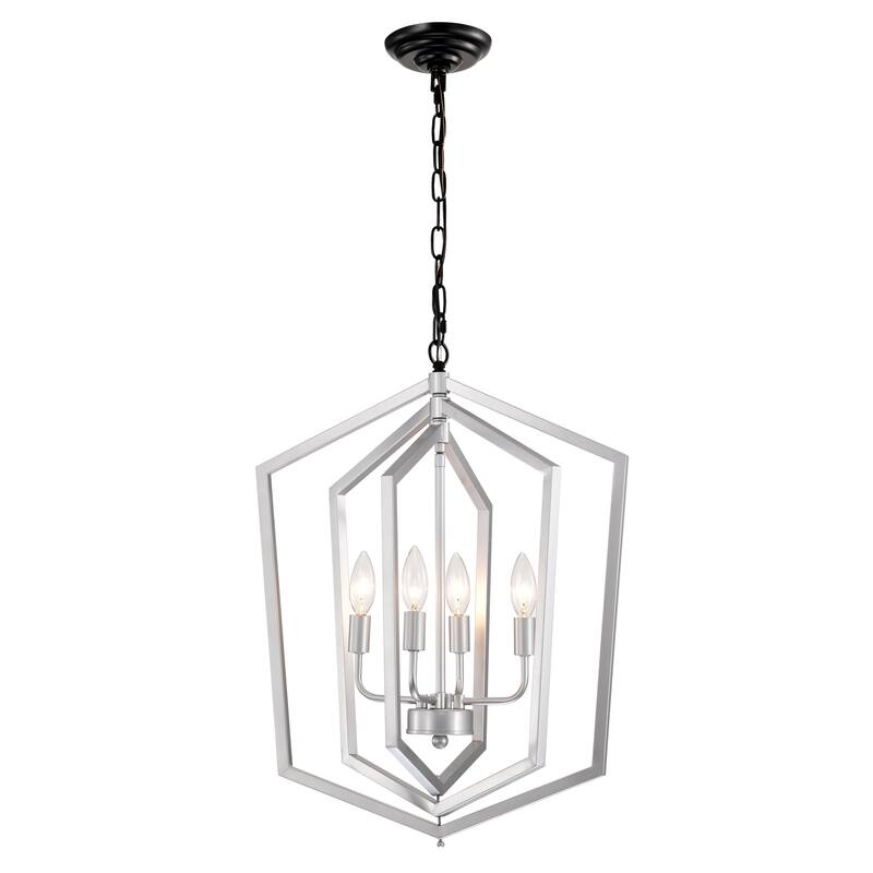 4-Light Farmhouse Kitchen Chandeliers, Rustic Cage Light Fixture Adjustable Height Chandeliers for Dining Room Hallway - Silver