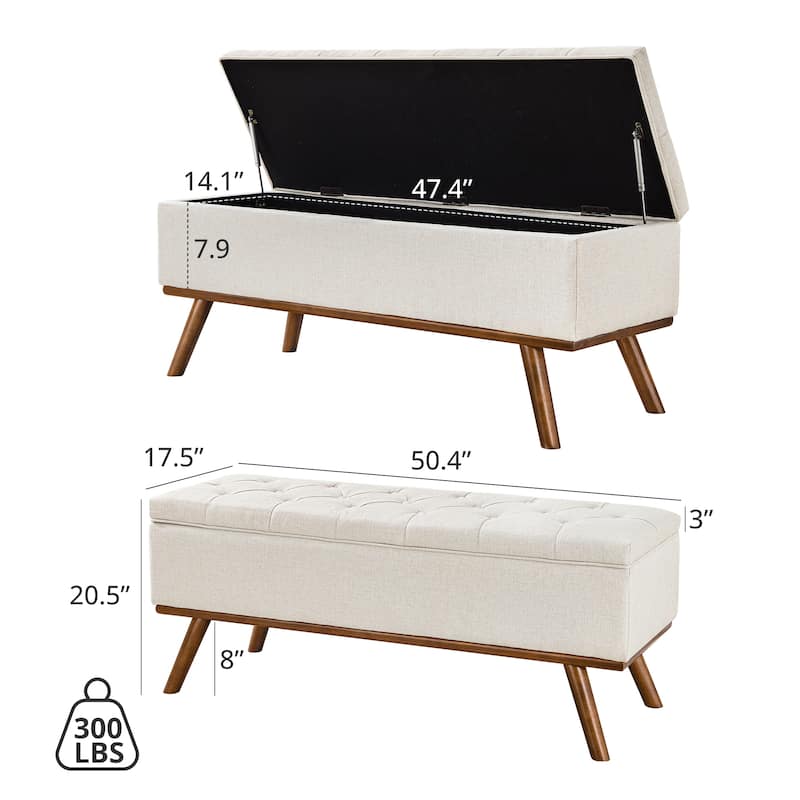 Modern Upholstered Storage Ottoman Button Tufted Storage Bench with Linen Seat End of Bed - 17.5 D X 50.4 W X 20.5 H