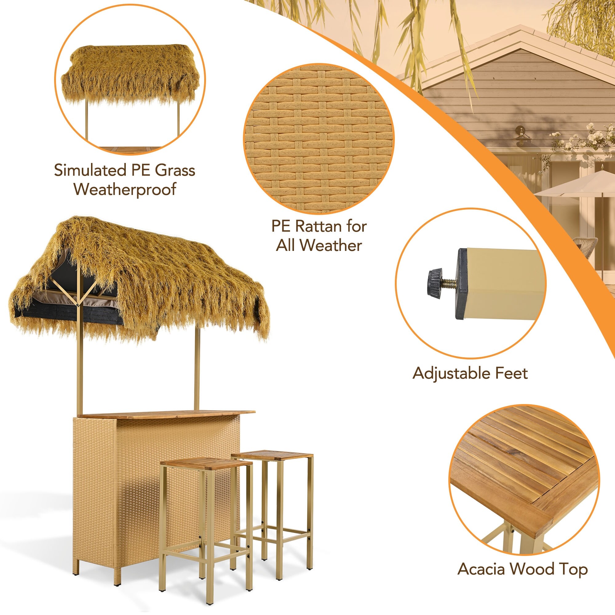 Hawaiian Style Tiki Bar Patio Set 3 Piece Wicker Islander Set Outdoor Bar Table and Stools Storage Bistro Set for Beach Bed Bath Beyond 40866999