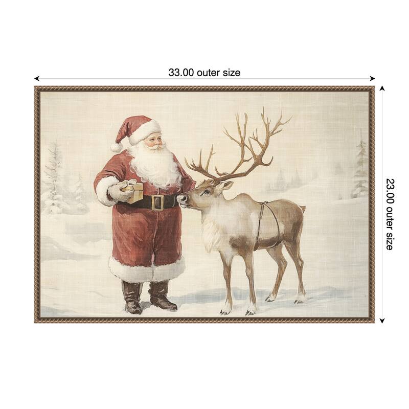 Santa Claus with Reindeer in Winter Wonderland by Melloi Art Prints Framed Canvas Wall Art Print - Sylvie Beaded Dark Gold - 33 x 23 in
