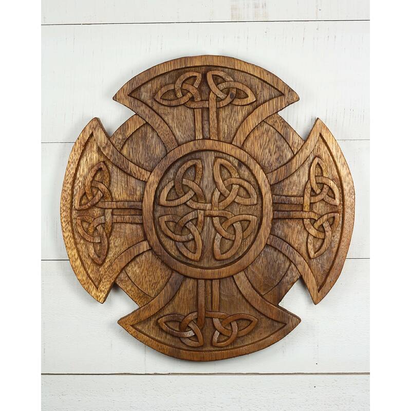 Hand Carved Wooden Celtic Knot Cross Wall Panel - Intricate Irish Decor, Rustic Wall Art - 12" diameter x 1" deep