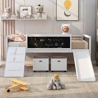 Kids Twin Size Low Loft Bed with Rope Climbing Frame, Slide, Double-Sided Chalkboards and Lockable Underbed Storage Boxes