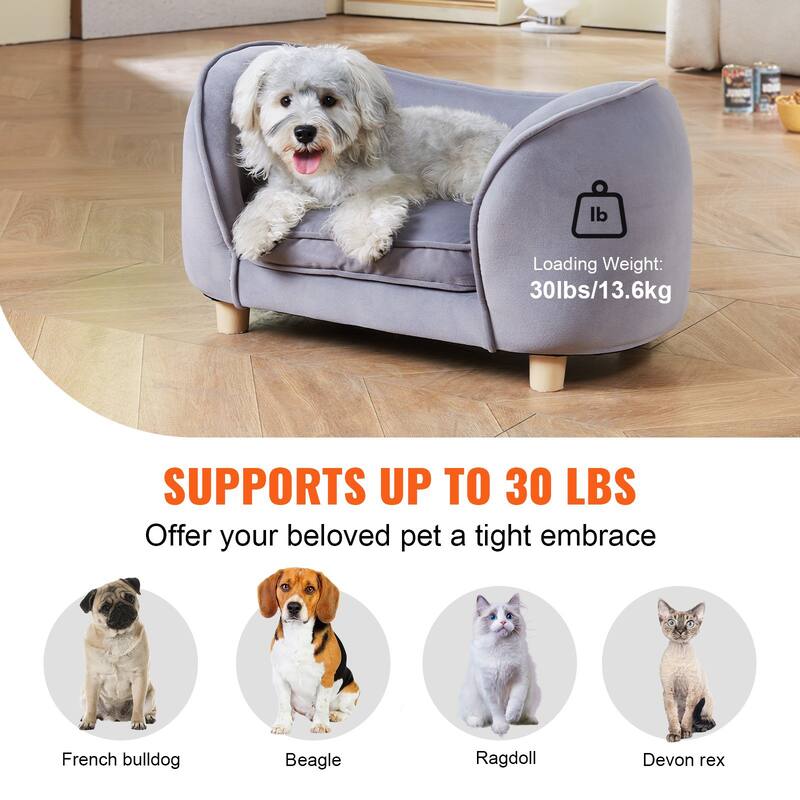 Grey Pet Sofa Dog Couch with Wooden Legs Suitable for Small-Sized Dogs and Cats - 27 x 15 x 15 inch