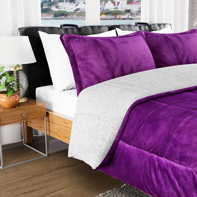 HOMESMART Set of 2 Purple 3 Layer Quilted Microfiber Flannel Sherpa