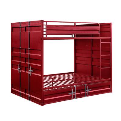 Industrial Style Full Size Bunk Bed with Recessed Panel Design, Red
