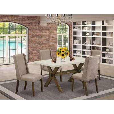 HomeStock 5-Piece Rectangle Distressed Jacobean Finish Solid Wood Top Dining Table with 4 Upholstered-Chairs with Lattice Back
