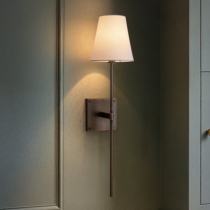 25" Tall Transitional Wall Sconce in Bronze with White Linen Shade Farmhouse Fabric Wall Light for Bedside Hallway Bathroom