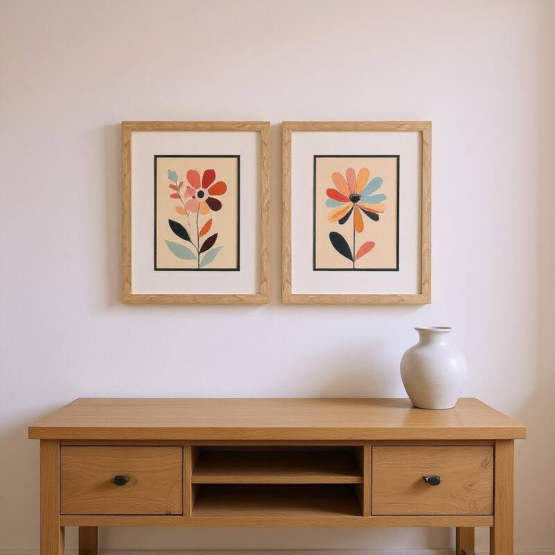 HomeRoots Set Of Two Colorful Flowers Brown Framed Wall Art - 15.00 in. x 17.00 in.  x 1.00 in.