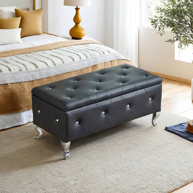 PU Leather Upholstered Ottoman with Storage - Black
