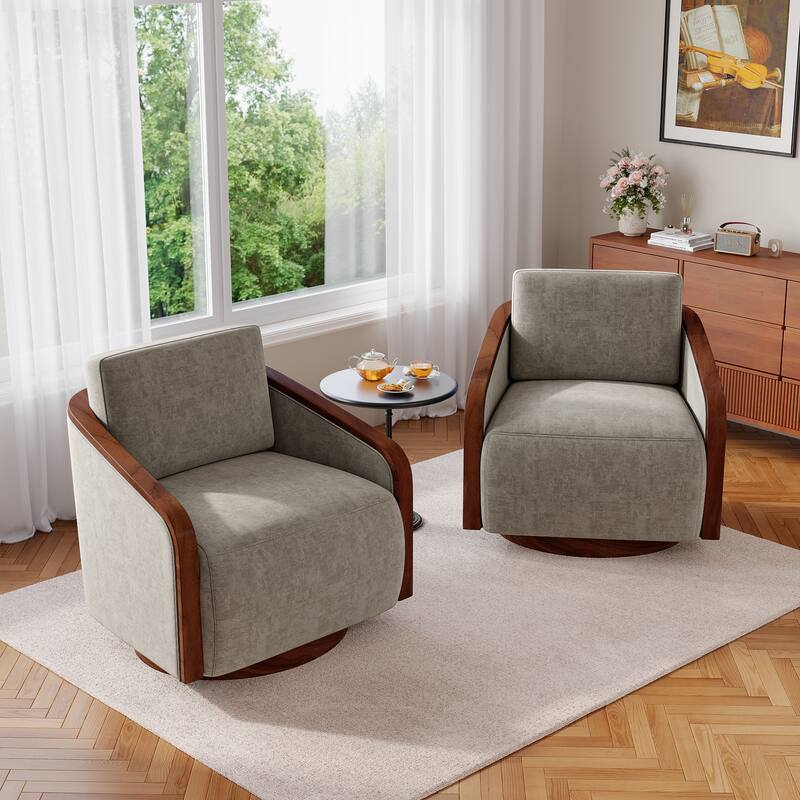 Set of 2 Modern 360° Swivel Accent Barrel Chairs with Wood Arms