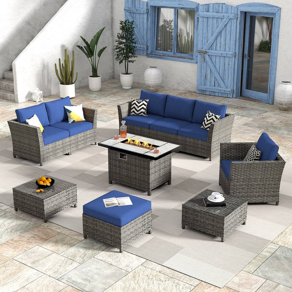 HOOOWOOO 10-piece Wicker Rattan Patio Furniture Sectional Set with Fire Pit