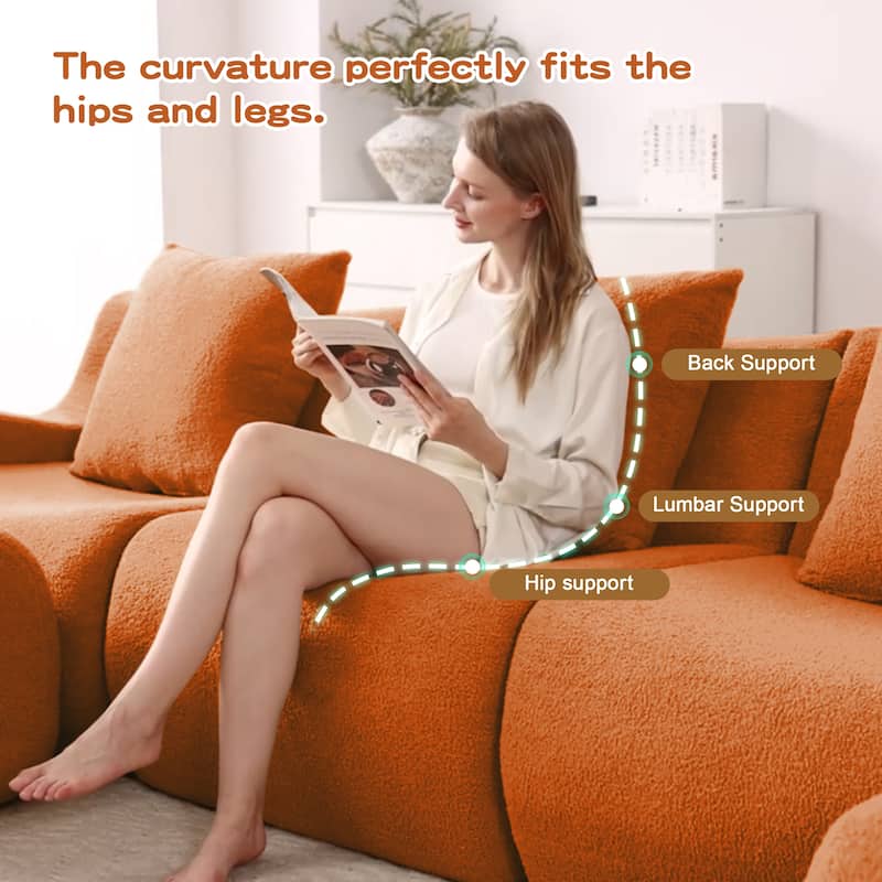 Modern 3-Seater Boneless Sofa, 115.3" Teddy Fabric Couch with Curved Armrests, Anti-Slip Base, No Assembly for Living Room