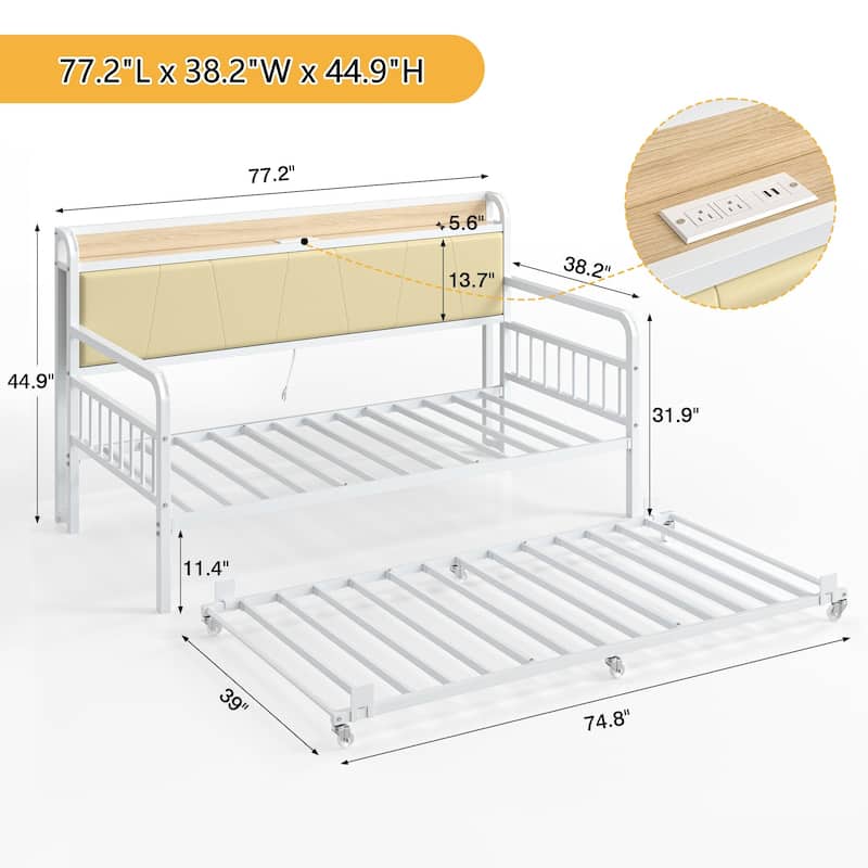 Javlergo White Modern Daybed with Trundle PU Leather Wood Headboard featuring AC USB Outlets for Living Room Bedroom Guest Room