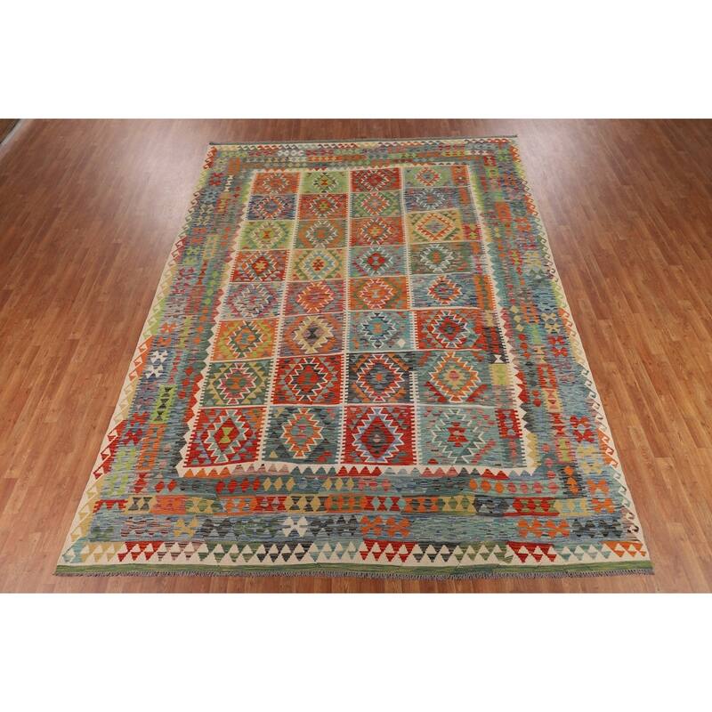 Geometric Colorful Kilim Oriental Area Rug Flatweave Wool Carpet - 9'9" x 13'0"