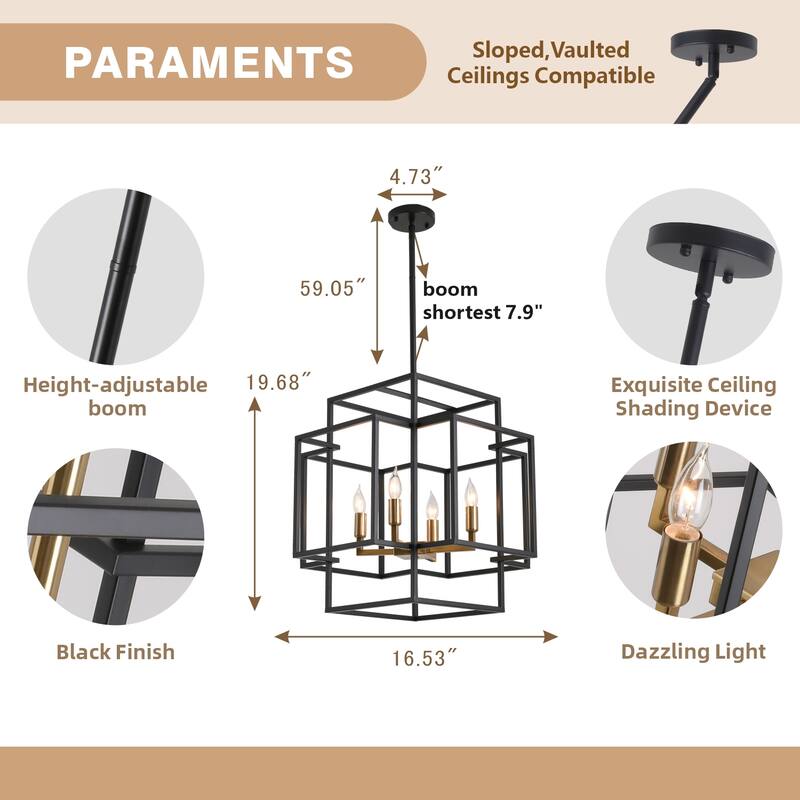 4 Light Foyer Chandelier, Lantern Pendant Light Cage Hanging Light for Entryway Dining Room, Black and Gold Finish