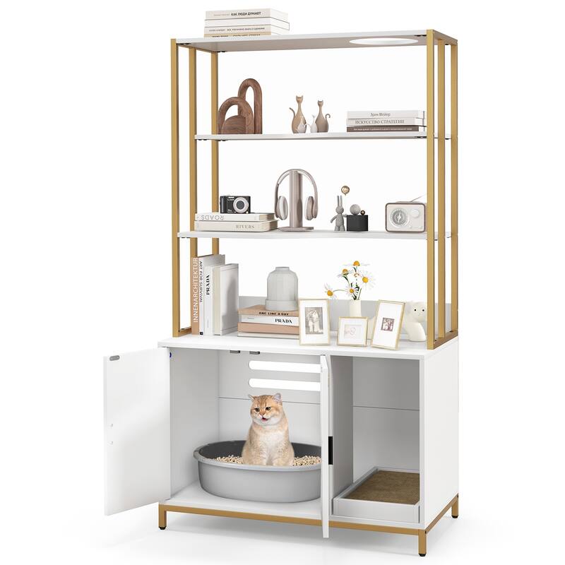 Cat Litter Box Cabinet with Storage Space & 3-Tier Shelves, Modern Design - 33.5" x 18" x 61"