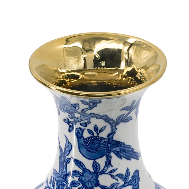 Large Chinoiserie Floral and Bird Porcelain Vase 16" White and Blue
