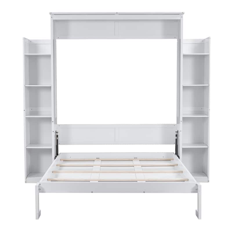 Nordic Creative Queen Size Murphy Bed with Shelves and LED Lights Wall Bed for Kids Teens Adults Space-Saving, Easy Assembly