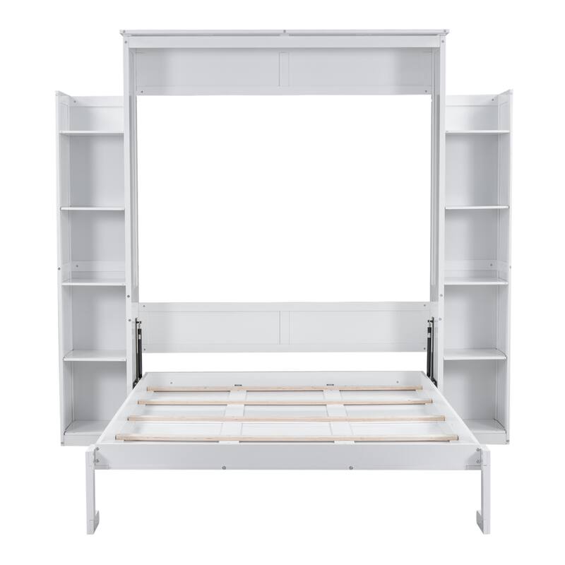 Wooden Wall Murphy Bed with Side Bookshelf & LED Lights