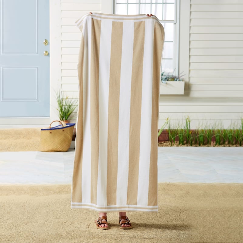 Linery & Co. 100% Cotton Velour Cabana Stripe Oversized Beach Towel.