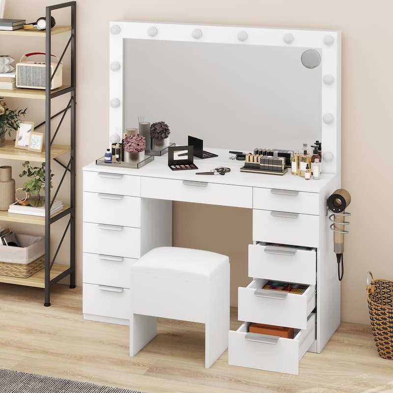 Moasis White 10-Drawer Cosmetic Vanity Desk Set with Glass Tabletop Makeup Vanity with LED Strip
