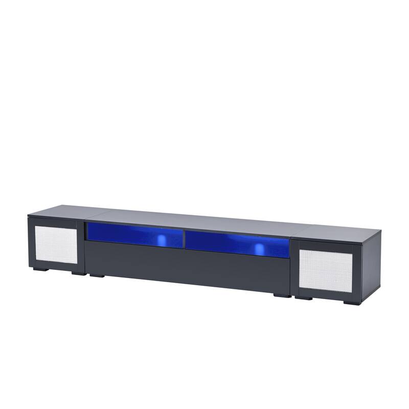 Modern 83-Inch TV Stand with LED Lighting, Rattan Accents, and Ample Storage - Fits TVs up to 110 lbs.