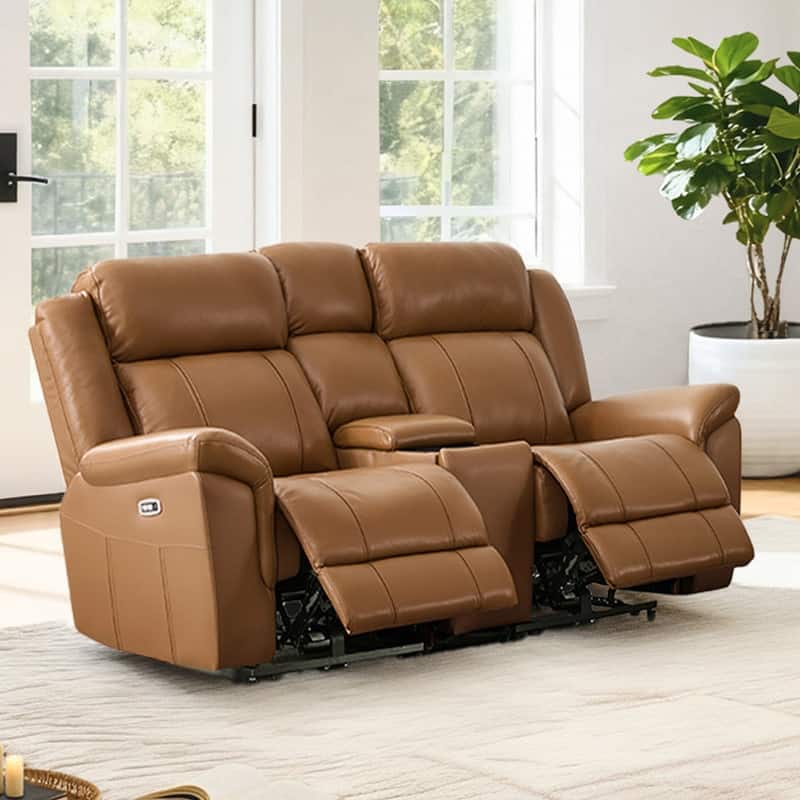 Spruce & Spring Genuine Leather Power Reclining Sofa with Optional Console & Flip-Down Table - 2PC+Console - Saddle