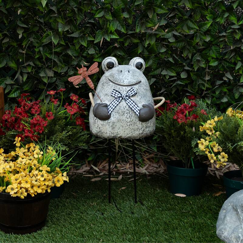Stone Finish Frog with Metal Dragonfly Statuary
