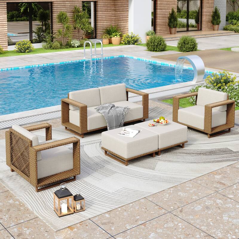 MAISON ARTS 6-Piece Modular Arc Rattan Sofa Set - Wide Armrests & Thick Cushions | Durable PE Wicker & Wood-Plastic.