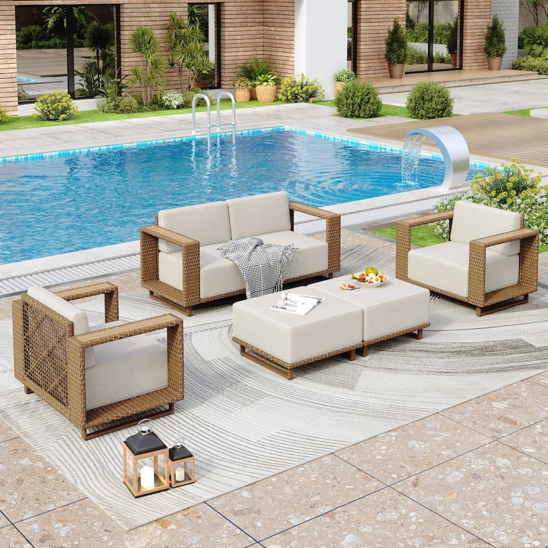 MAISON ARTS 6-Piece Modular Arc Rattan Sofa Set - Wide Armrests & Thick Cushions | Durable PE Wicker & Wood-Plastic. - F.