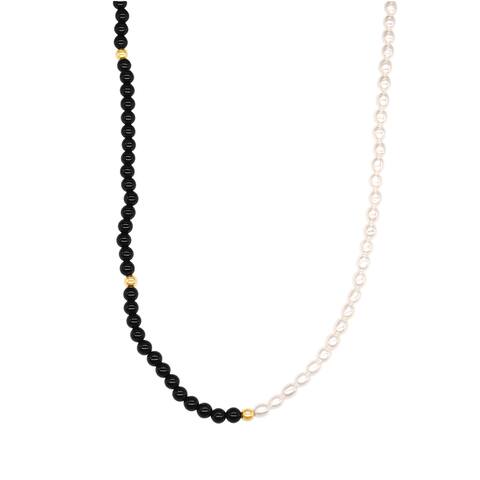 14k Yellow Gold White Freshwater Pearl Black Onyx Necklace 17"