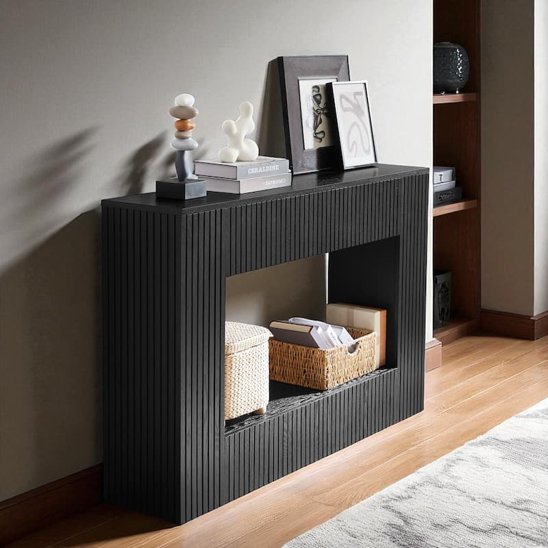 55" Modern Slatted Console Table, Narrow Entryway Table with Ash Veneer for Hallway or Foyer