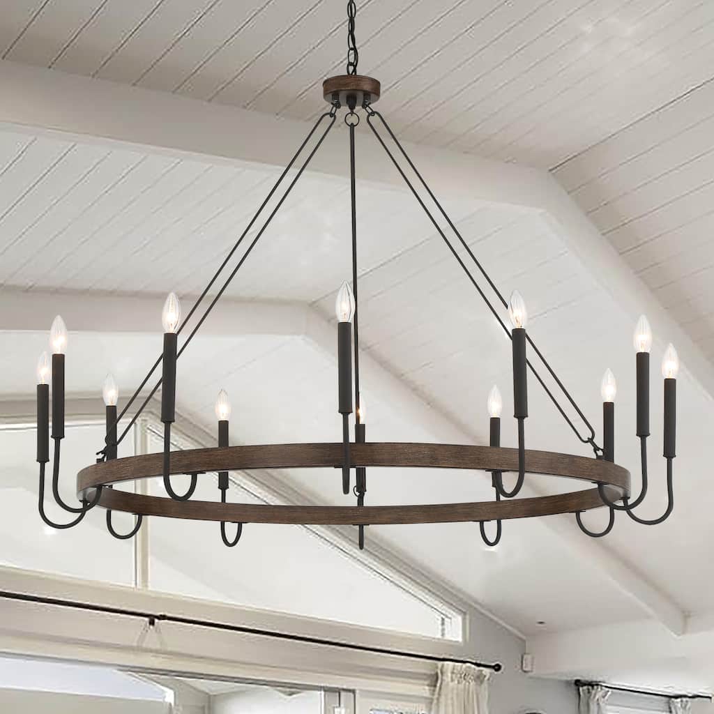 Kiro 12-light 46In Farmhouse Candle Wagon Wheel Chandelier with UL Certified - 46''