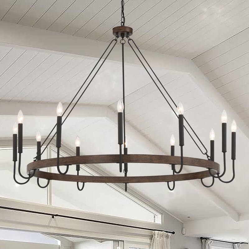 Kiro 12-light 46In Farmhouse Candle Wagon Wheel Chandelier with UL Certified