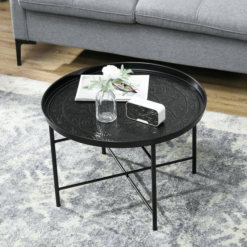 HOMCOM 24" Round Coffee Table with Hammered Tray Top, Vintage Metal Center Table for Living Room, Bedroom, Side Table