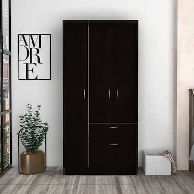1-Drawer Rectangle Armoire with Pull-Down Door Cabinet, Double Door Side Cabinet with Hanging Rod Closet, Easy Assemble