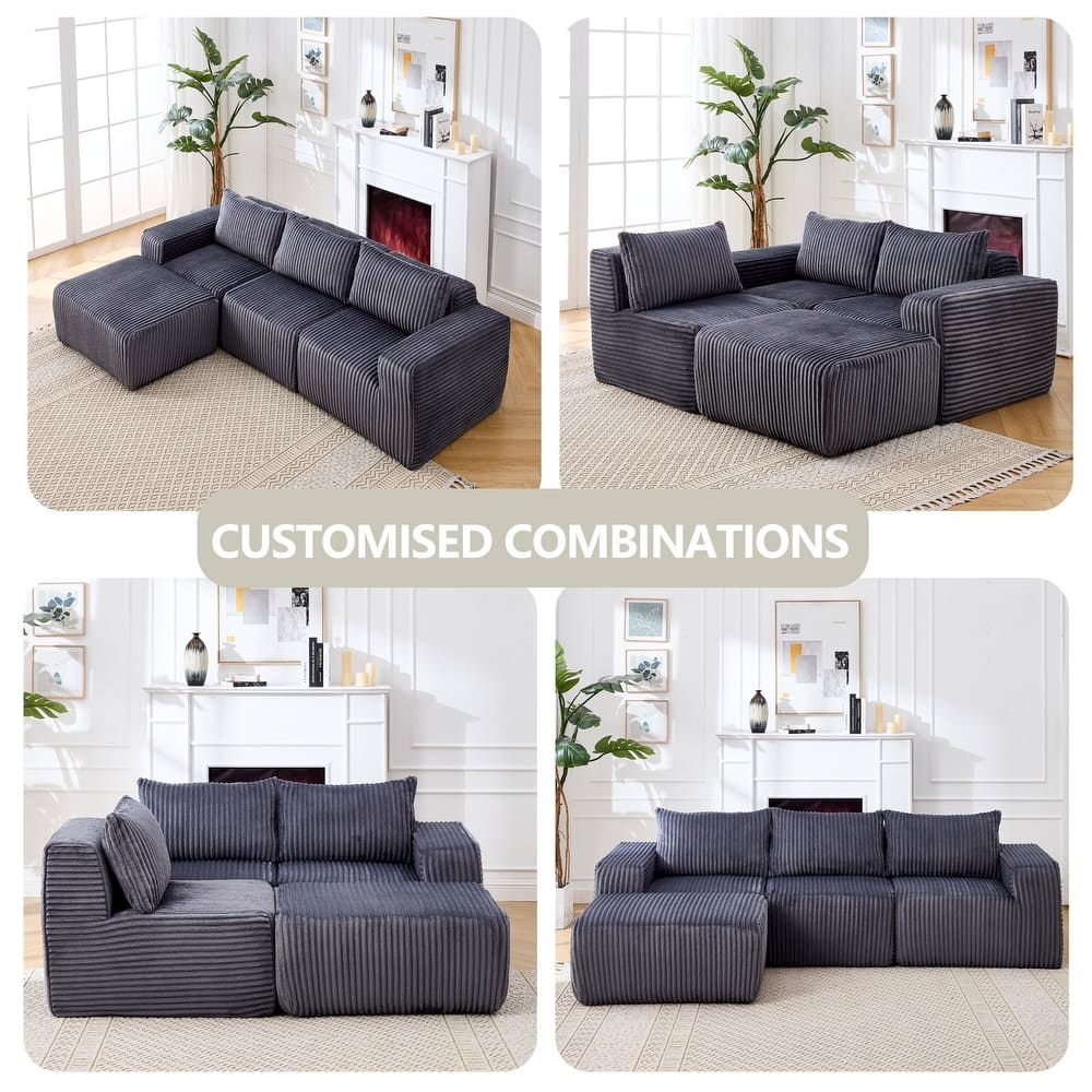 Minimalist Modular Corduroy Cloud Couch, L-shaped Sectional Sofa with Deep Seats and Ottoman Chaise Lounge for Living Room