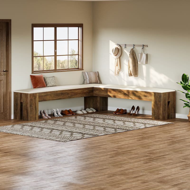 61 Inch L-Shaped Bench with Cushion, Corner Kitchen Breakfast Nook Bench for Entryway / Bedroom / Living Room / Dining Room