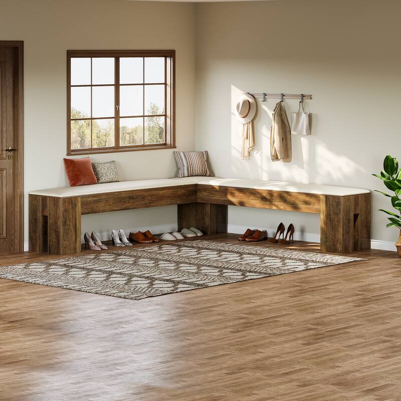 61 Inch L-Shaped Bench with Padded Seat Cushion for Entryway / Bedroom / Living Room / Kitchen Dining Room