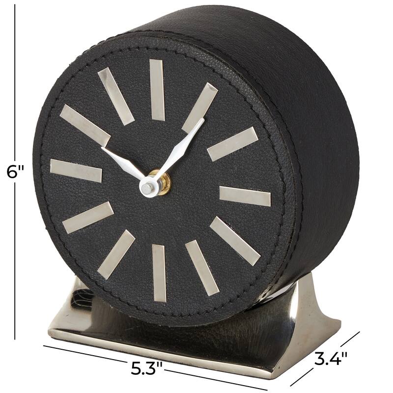 Faux Leather Round Decorative Clock with Gold Rectangular Base - Brown or Black - Roche River Decor