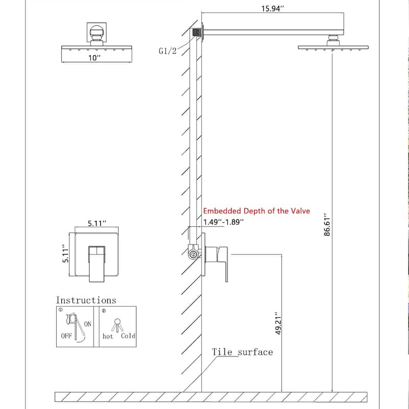 Wall Mount Shower Faucet Set Complete Bathroom Matte Black Shower System 10 Inch Shower Head Trim Kit With Rough-in-Valve