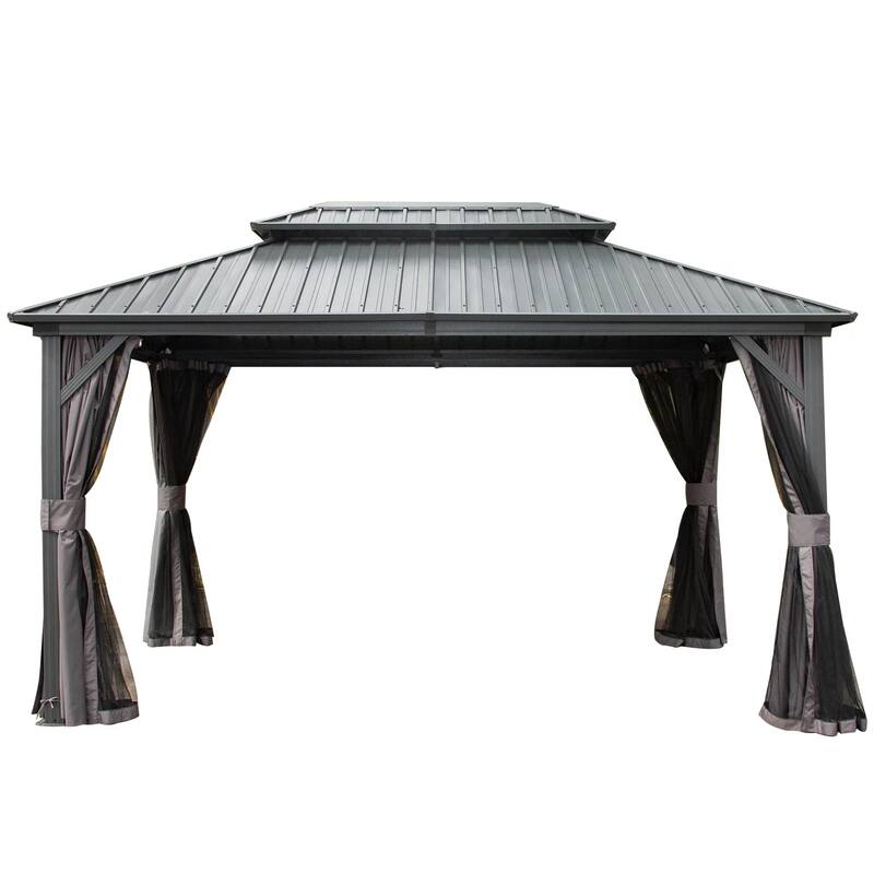 12' x 10' Outdoor Brown Hardtop Aluminum Gazebo Galvanized Steel Double Canopy - 12 x 10 - Brown
