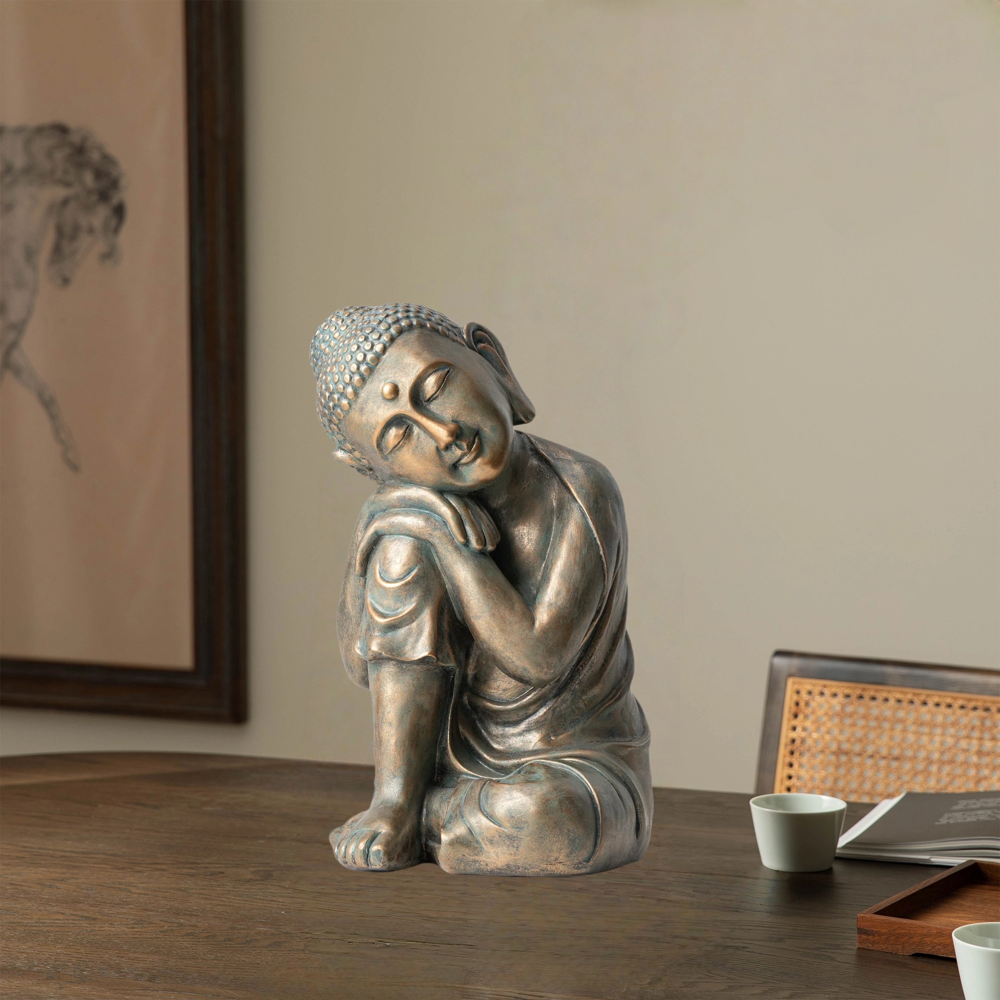 Glitzhome MGO Faux Bronze Buddha Garden Statue Monk Sculpture