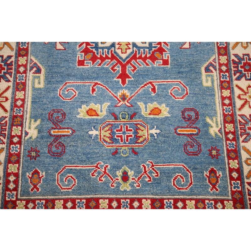 Light Blue Geometric Kazak Accent Rug Hand-Knotted Foyer Wool Carpet - 3'4" x 4'11"