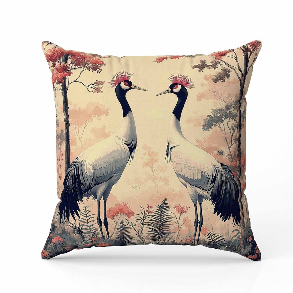 Autumnal Cranes Indoor/Outdoor Reversible Throw Pillow Gray and Red