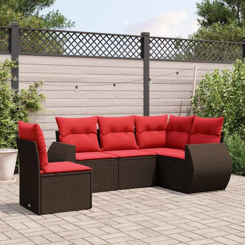 vidaXL Patio Sofa Set with Cushions Outdoor Conversation Furniture Poly Rattan - 24.4 x 24.4 x 27.2 - Brown and Red-Without table