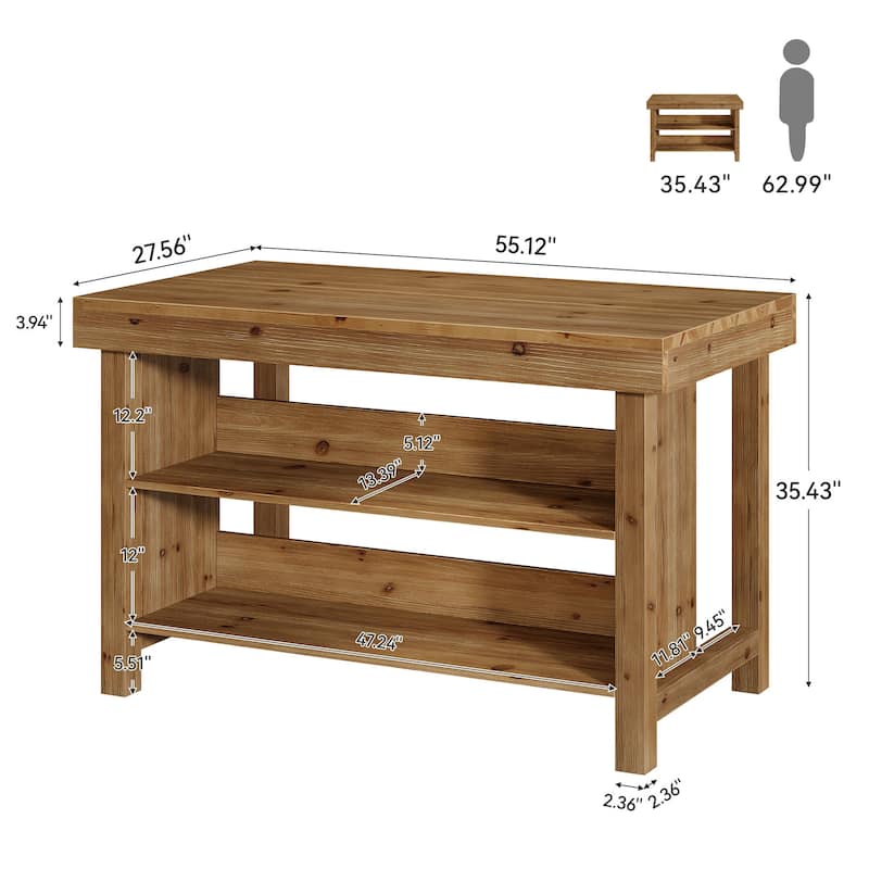 Solid Wood Island, 3-Tier 55 Inch Farmhouse Center Island Table