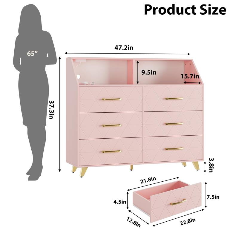 6 Drawers Dresser for Bedroom, with Charging Station and LED Lights